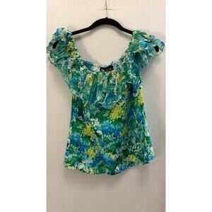 Italian 100% Cotton Off-the-Shoulder Blouse - Blue and Green Floral